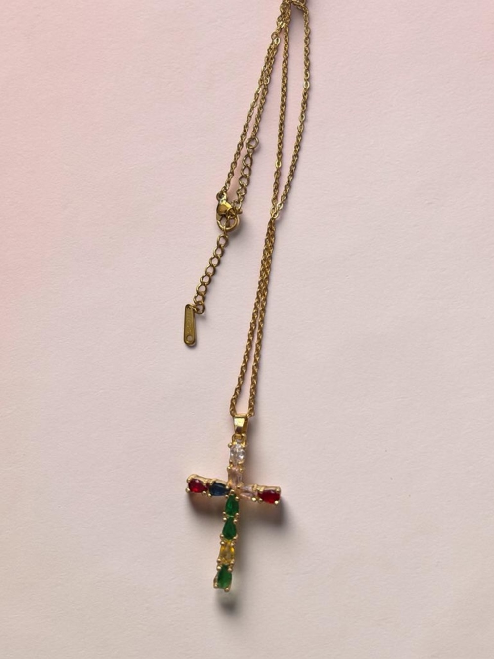 S Silver Cross color Pendant Necklace with Red and Green Stones - Picture 2 of 3